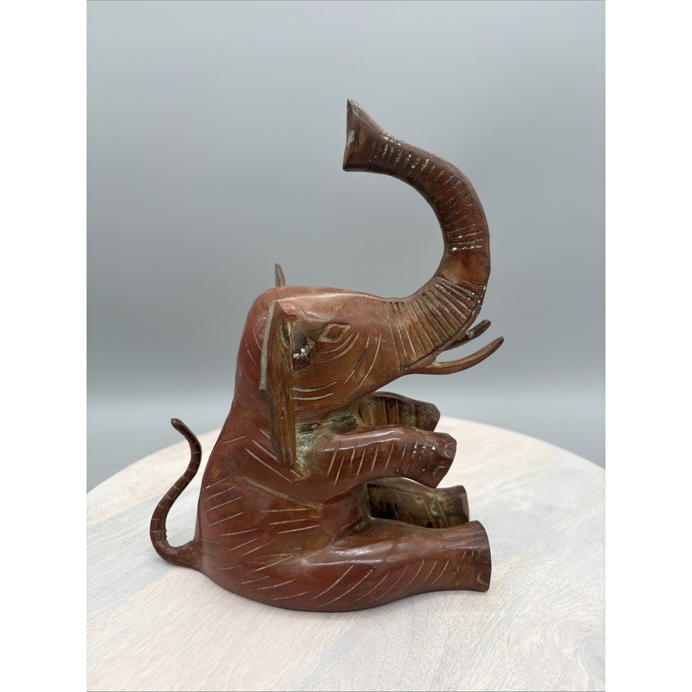 Vintage Solid Brass Tall 10" Elephant Decorative Figurine Trunk Up Made in India